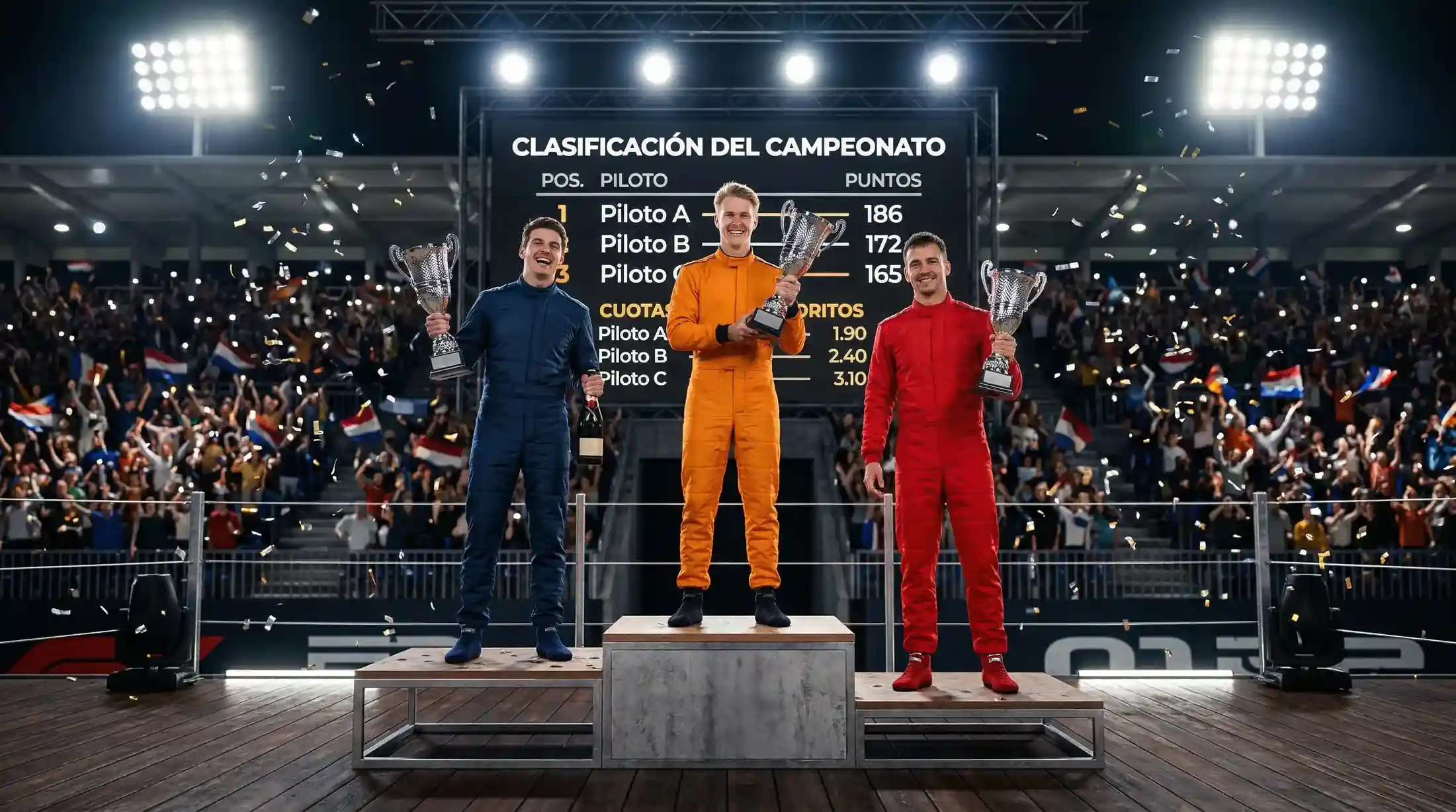 Aficionados de Fórmula 1 llenando las gradas durante un Gran Premio con pantallas mostrando cuotas de apuestas