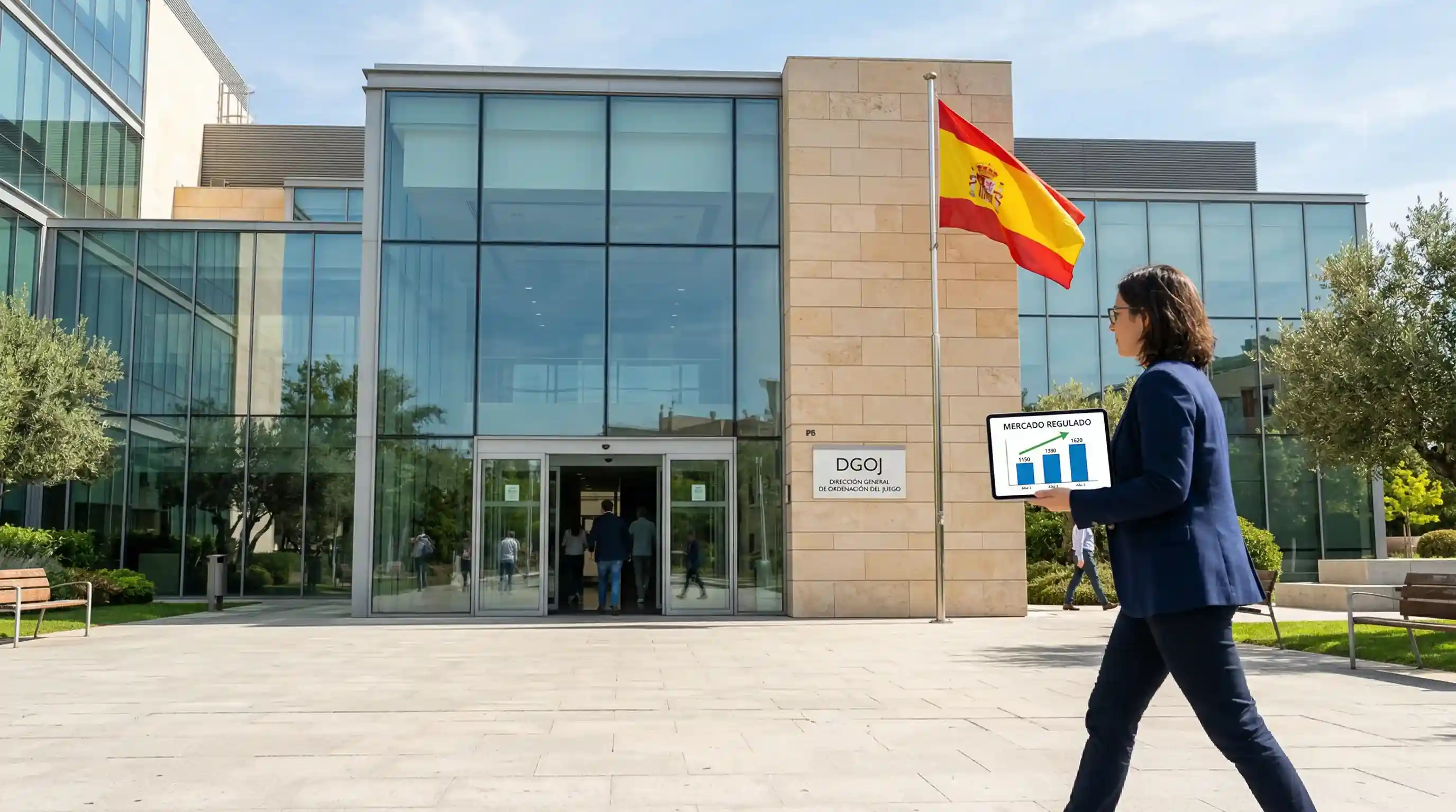 Vista del mercado de apuestas deportivas en España con gráfico de crecimiento del GGR y símbolo de la DGOJ