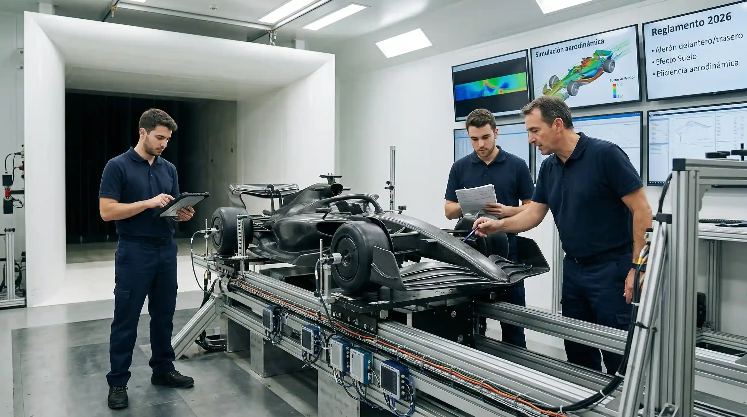 Monoplaza de Fórmula 1 en túnel de viento con ingenieros analizando datos de aerodinámica activa para 2026