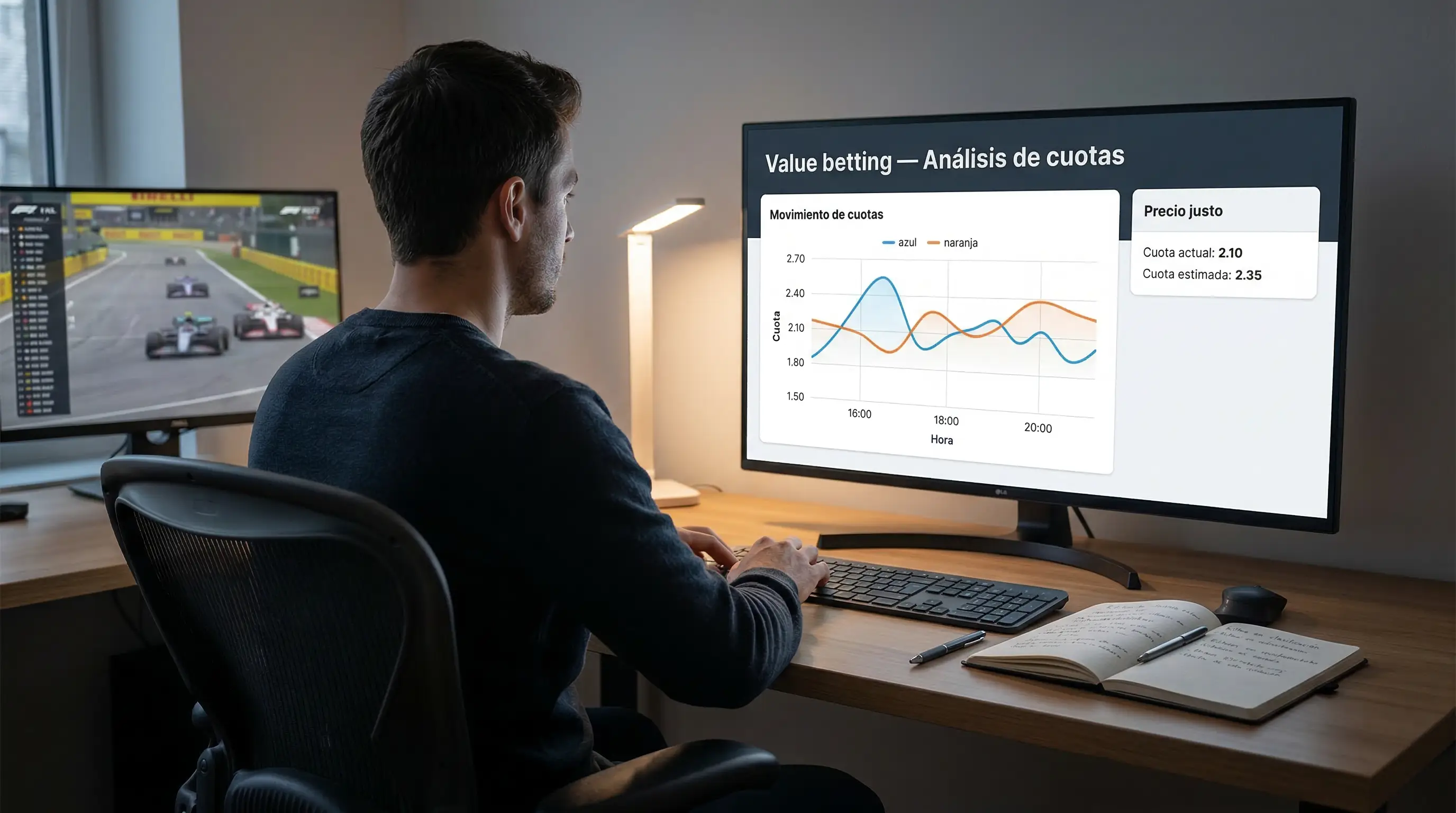 Analista revisando gráficos de evolución de cuotas del campeonato de Fórmula 1 en un monitor